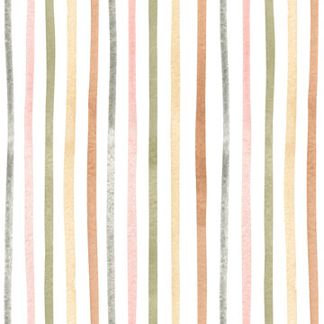 Fototapeta Watercolor abstract seamless pattern with geometric lines in pastel colors. Freehand striped aesthetic background. Linear collage perfect for baby fabric, textile, wrapping paper, cover, wallpaper