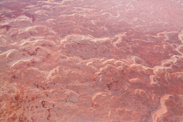Aerial view of the salt pan and mineral crust with red algae of Lake Natron, in the Great Rift Valley, on the border between Kenya and Tanzania. The Rift Valley contains a chain of active volcanoes.