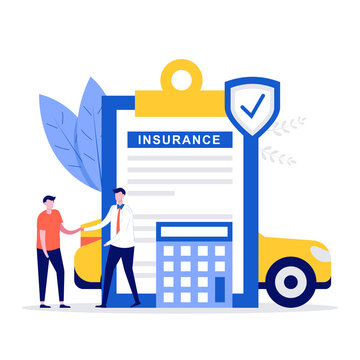 Car insurance concept with car, contract paper and people characters. Modern vector illustration in flat style for landing page, mobile app, banner, web, backgrounds, infographics, hero images