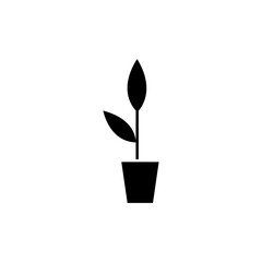 Potted plant black glyph icon. Gardening at home. Decoration for house interior. Cultivate branch with leaves in pot. Silhouette symbol on white space. Vector isolated illustration