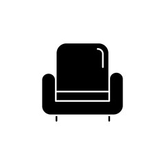Armchair black glyph icon. Comfortable chair for house interior. Living room furniture. Apartment amenities, furnishing for home. Silhouette symbol on white space. Vector isolated illustration