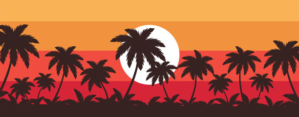 Obraz premium tropical beach with palm trees at the sunset vector illustration