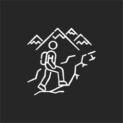 Trekking chalk white icon on black background. Nature tourism, backpacking. Outdoor recreational activity, challenging hiking trail. Tourist with backpack. Isolated vector chalkboard illustration