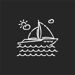 Yachting chalk white icon on black background. Luxurious recreation, nautical tourism, sailing sport. Sea journey, romantic trip on pleasure boat. Sailboat isolated vector chalkboard illustration
