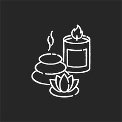 Spa resort chalk white icon on black background. Wellness tourism, health sanatorium. Relaxation procedures. Spa stones, lotus flower and aroma candle isolated vector chalkboard illustration