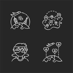 Modern tourist chalk white icons set on black background. International and local travel, VR trip simulation and health tours. Tourist agency service. Isolated vector chalkboard illustrations