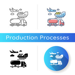 Shipping icon. Linear black and RGB color styles. Freight transportation, delivery service. Commercial shipment, production distribution by sea, land and air. Isolated vector illustrations