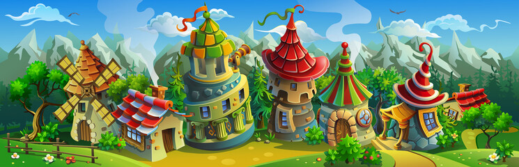 A big panorama of  fairytale village with colorful houses and a mill. Vector illustration for design. © Vladislav K