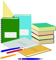 
School supplies for learning. Notebooks, books and colored pencils. Back to school. Education concept. Vector illustration