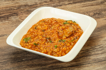 Traditional Georgian Kharcho soup with meat