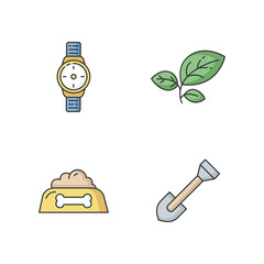 Online store categories RGB color icons set. Hand watch. Man accessories. Plant for seedling. Gardening equipment. Shovel for farming. Leaves of sprout. Isolated vector illustrations