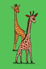 Fototapeta premium animated giraffes couple on grassland, as work sheet for tutorial how to draw animals