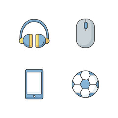 Entertainment RGB color icons set. Headset to listen music. Computer mouse to browse internet. Tablet with touch screen. Soccer ball. Football game gear. Isolated vector illustrations © IMG visuals icons