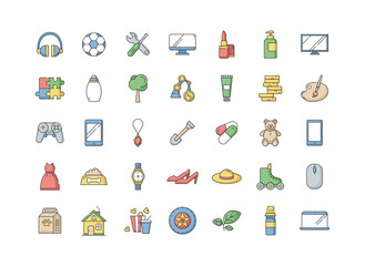 E commerce departments RGB color icons set. Electronic devices. Personal beauty and health care products. Children toys. Pet care food. Fashion and makeup. Sport gear. Isolated vector illustrations