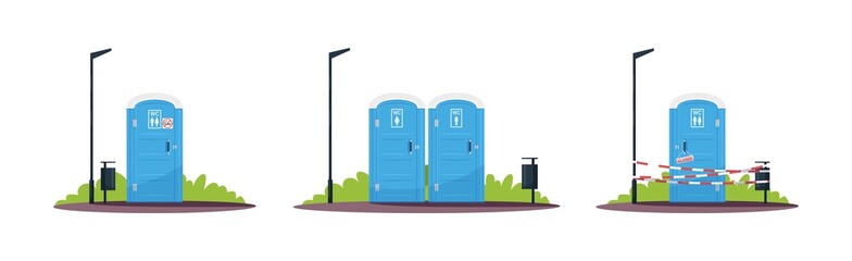 Portable public toilets semi flat RGB color vector illustration. Outdoor convenience, restroom. Separated mobile lavatories. Closed wc. Isolated cartoon objects on white background