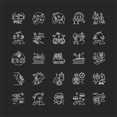 Tourism chalk white icons set on black background. Holiday travel, vacation trip. Tour agency service. Different types of recreation and tourist activities. Isolated vector chalkboard illustrations