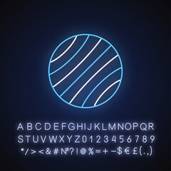 Exercise ball neon light icon. Outer glowing effect. Home equipment, aerobics and yoga. Fitness gear sign with alphabet, numbers and symbols. Swiss ball vector isolated RGB color illustration