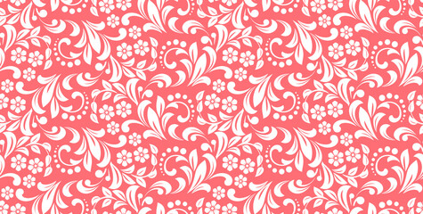 Flower pattern. Seamless white and pink ornament. Graphic vector background. Ornament for fabric, wallpaper, packaging