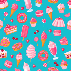 seamless pattern of pink sweet food. Donut, ice cream, muffins, smoothies, macaroons and candies with pink topping.Texture for fabric, wrapping, wallpaper. Decorative print.