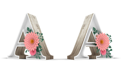 Wood alphabet and colorful flower decoration on white background with clipping paths.