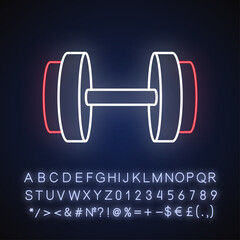 Dumbbell neon light icon. Outer glowing effect. Gym equipment for arms muscle training. Strength exercise, bodybuilding sign with alphabet, numbers and symbols. Vector isolated RGB color illustration