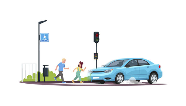 Children crossing at red light semi flat RGB color vector illustration. Kids running crosswalk while a car is coming. Breaking safety rules. Isolated cartoon character on white background