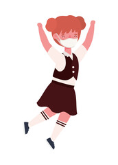 Girl kid with uniform medical mask jumping design, Back to school and social distancing theme Vector illustration