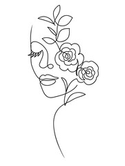 One line drawing. Beautiful girl with flowers. Female beauty icon. Vector illustration.