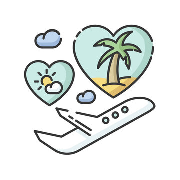 Honeymoon RGB color icon. Romantic vacation after wedding, tropical journey. Travel agency service, special package tours for newlyweds. Isolated vector illustration