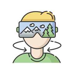 Virtual tourism RGB color icon. Modern vacation, interactive digital tour simulation.. Immersive experience. Tourist in VR headset isolated vector illustration