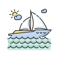 Fototapeta premium Yachting RGB color icon. Luxurious recreation, nautical tourism, sailing sport. Sea journey, romantic trip on pleasure boat. Sailboat isolated vector illustration