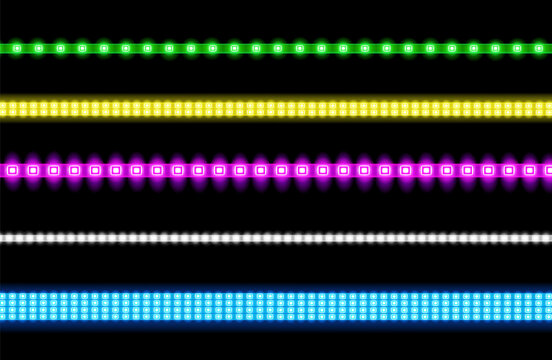 Led strips with neon glow effect isolated on transparent background. Vector realistic set of colored light stripes, glowing tape with pink, green, blue, yellow and white lamp and diode bulbes