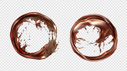 Circle splash of soda, cola or whiskey drinks, liquid brown round frames with drops. Alcohol beverage advertising or package design elements. Splashing and flowing border, realistic 3d vector clip art