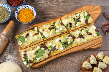 Traditional turkish baked dish pide. Turkish pizza pide, Middle eastern appetizers. Turkish cuisine. Top view. Pide with cheese filling