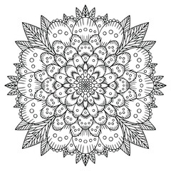 Vector illustration of a pion flower. Floral mandala with leaves for coloring book for adults. Vector outline illustration for art therapy. Isolated line art with doodle and pattern. Meditation.