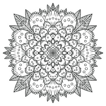 Vector illustration of a pion flower. Floral mandala with leaves for coloring book for adults. Vector outline illustration for art therapy. Isolated line art with doodle and pattern. Meditation.