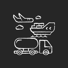 Shipping chalk white icon on black background. Freight transportation, delivery service. Commercial shipment, production distribution by sea, land and air. Isolated vector chalkboard illustration