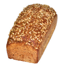 Loaf of sunflower bread with pumpkin seeds on crust isolated on white background