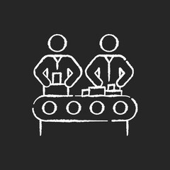 Assembly chalk white icon on black background. Manufacturing process, human labor, production line. Factory workers manually assembling product on conveyor. Isolated vector chalkboard illustration