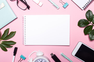 A blank notebook, green leaves, a pen and an alarm clock lie on a pink background