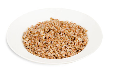Boiled buckwheat on white plate isolated on white background