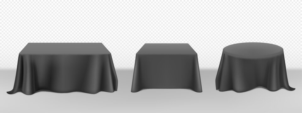 Black tablecloth on round square tables. Vector realistic mockup of empty dining desk with blank linen cloth with drapes for banquet restaurant, holiday event or dinner. Template with fabric cover