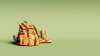 Camping equipment with boots on mint green background 3D Rendering