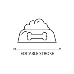 Pet food bowl linear icon. Feed dog. Dish for doggy. Nourishment treat for domestic animal. Thin line customizable illustration. Contour symbol. Vector isolated outline drawing. Editable stroke