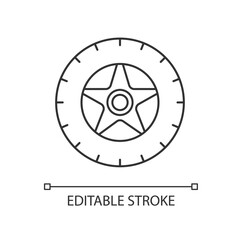 Car tire linear icon. Automobile tyre. Wheel with rim and disk. Transportation maintenance. Thin line customizable illustration. Contour symbol. Vector isolated outline drawing. Editable stroke