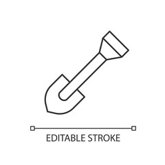 Shovel linear icon. Spade to work on renovation. Dig ground. Instrument for farming. Thin line customizable illustration. Contour symbol. Vector isolated outline drawing. Editable stroke