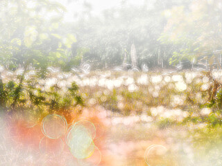 Blurred green forest, abstract background with beautiful round bokeh