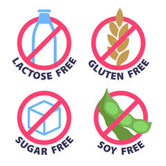 Lactose, dairy, sugar, soy and gluten free products badges.