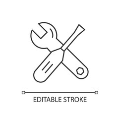 Tools linear icon. Wrench and screwdriver for handyman. Instrument for mechanic service. Thin line customizable illustration. Contour symbol. Vector isolated outline drawing. Editable stroke