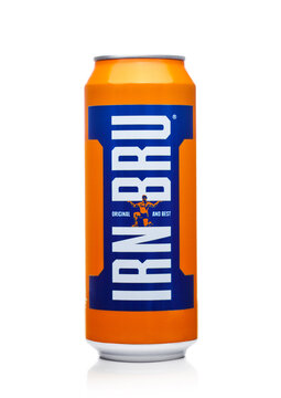 LONDON, UK - DECEMBER 01, 2017: Can of Irn-Bru lemonade soda drink on white. Produced by Barr in Scotland, UK